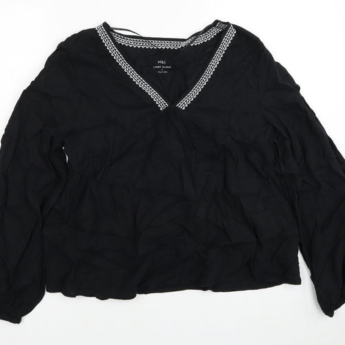 Marks and Spencer Womens Black Linen Basic Blouse Size 8 V-Neck