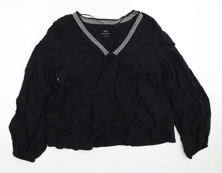 Marks and Spencer Womens Black Linen Basic Blouse Size 8 V-Neck
