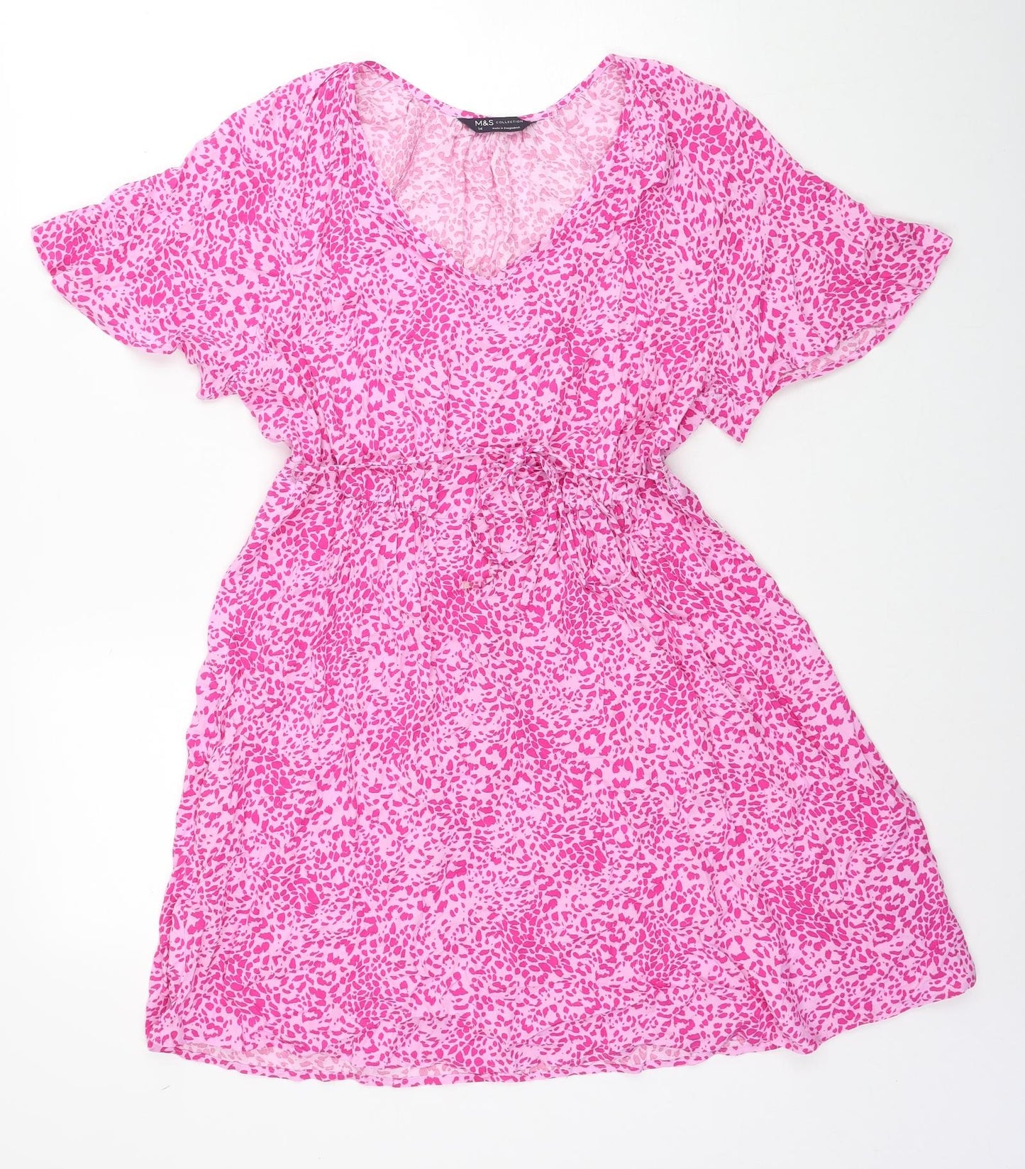 Marks and Spencer Womens Pink Animal Print Viscose Fit & Flare Size 14 V-Neck Pullover - Leopard Pattern