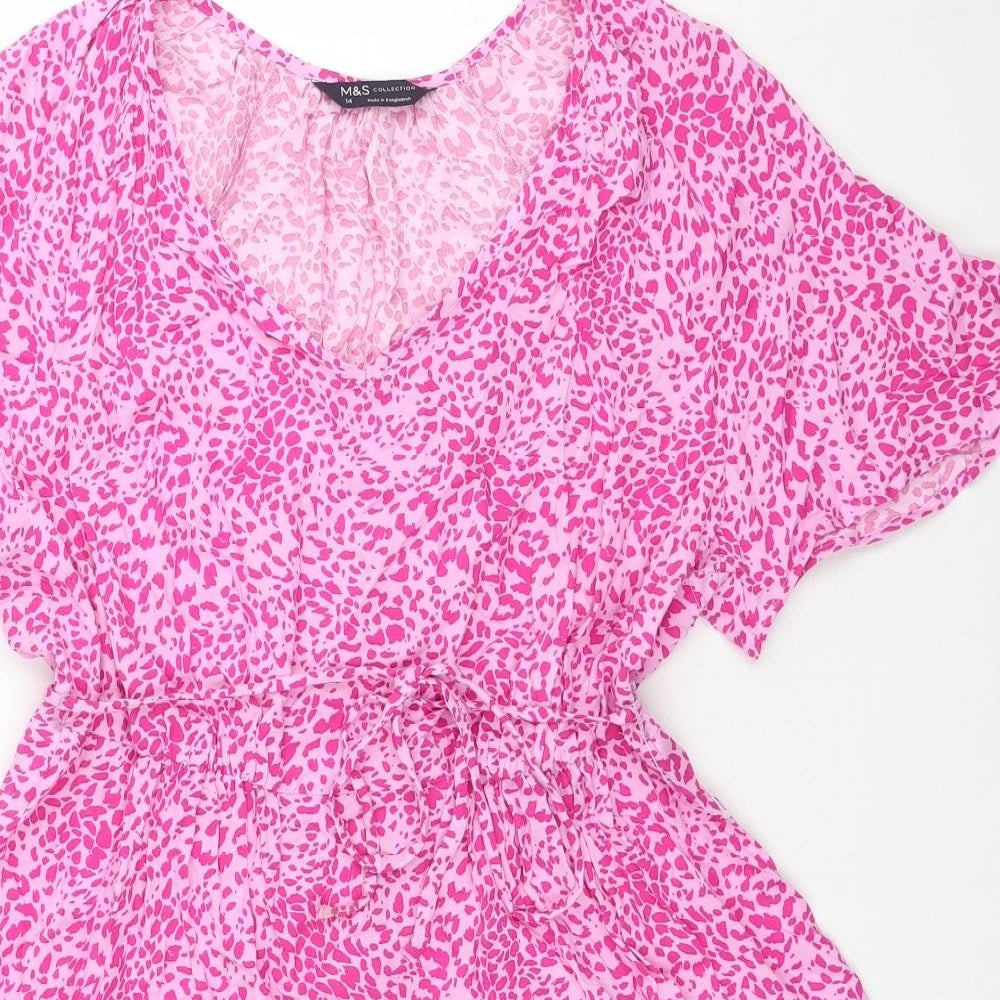 Marks and Spencer Womens Pink Animal Print Viscose Fit & Flare Size 14 V-Neck Pullover - Leopard Pattern