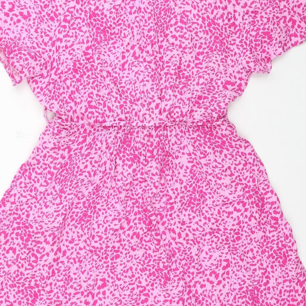 Marks and Spencer Womens Pink Animal Print Viscose Fit & Flare Size 14 V-Neck Pullover - Leopard Pattern