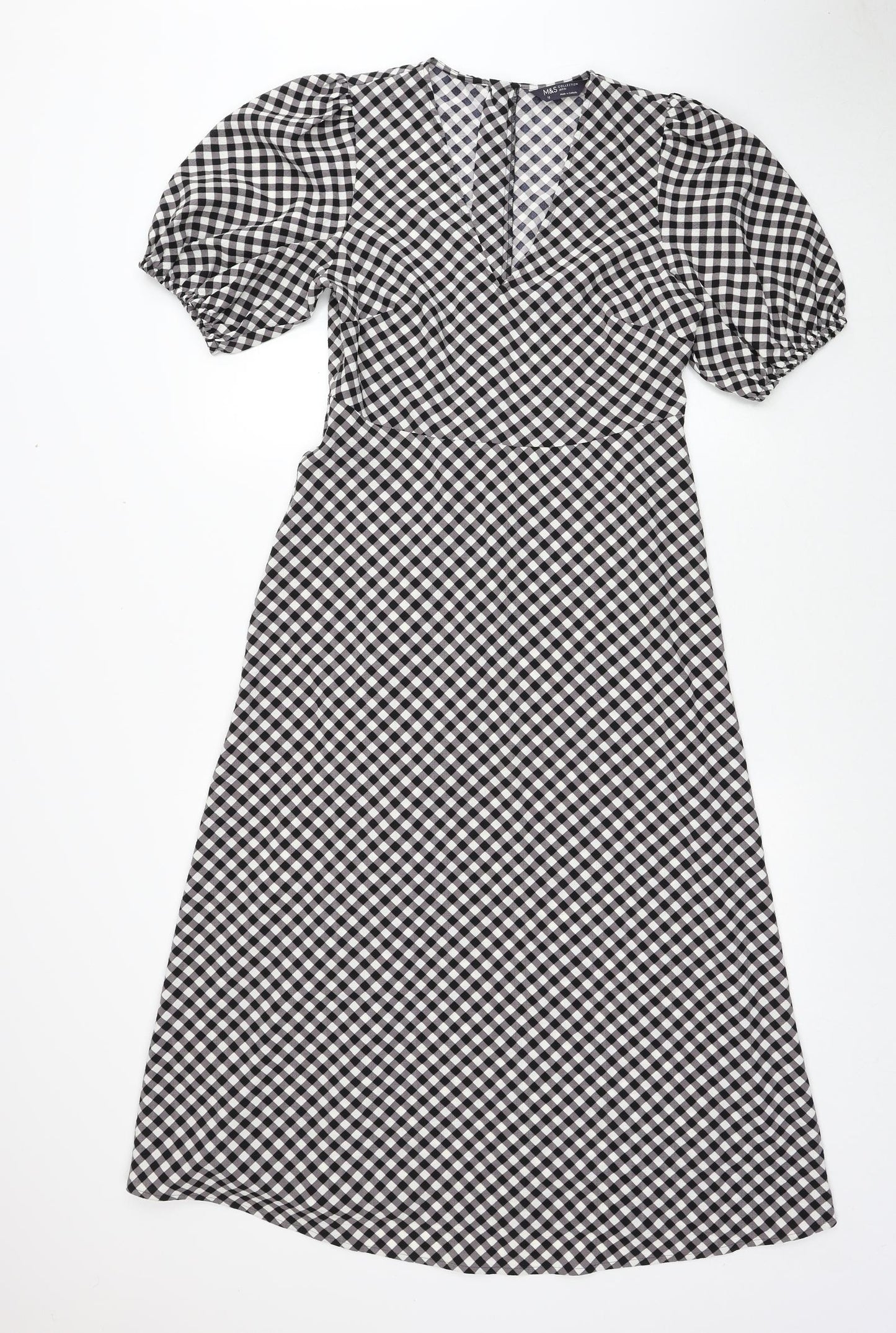 Marks and Spencer Womens Black Check Polyester A-Line Size 10 V-Neck Zip