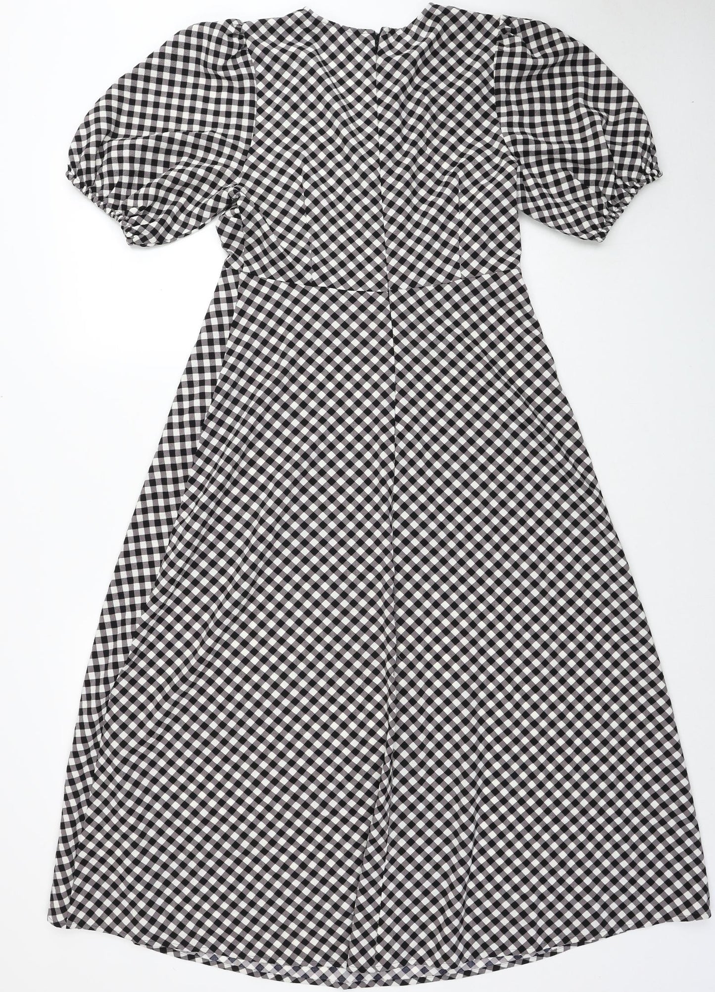 Marks and Spencer Womens Black Check Polyester A-Line Size 10 V-Neck Zip