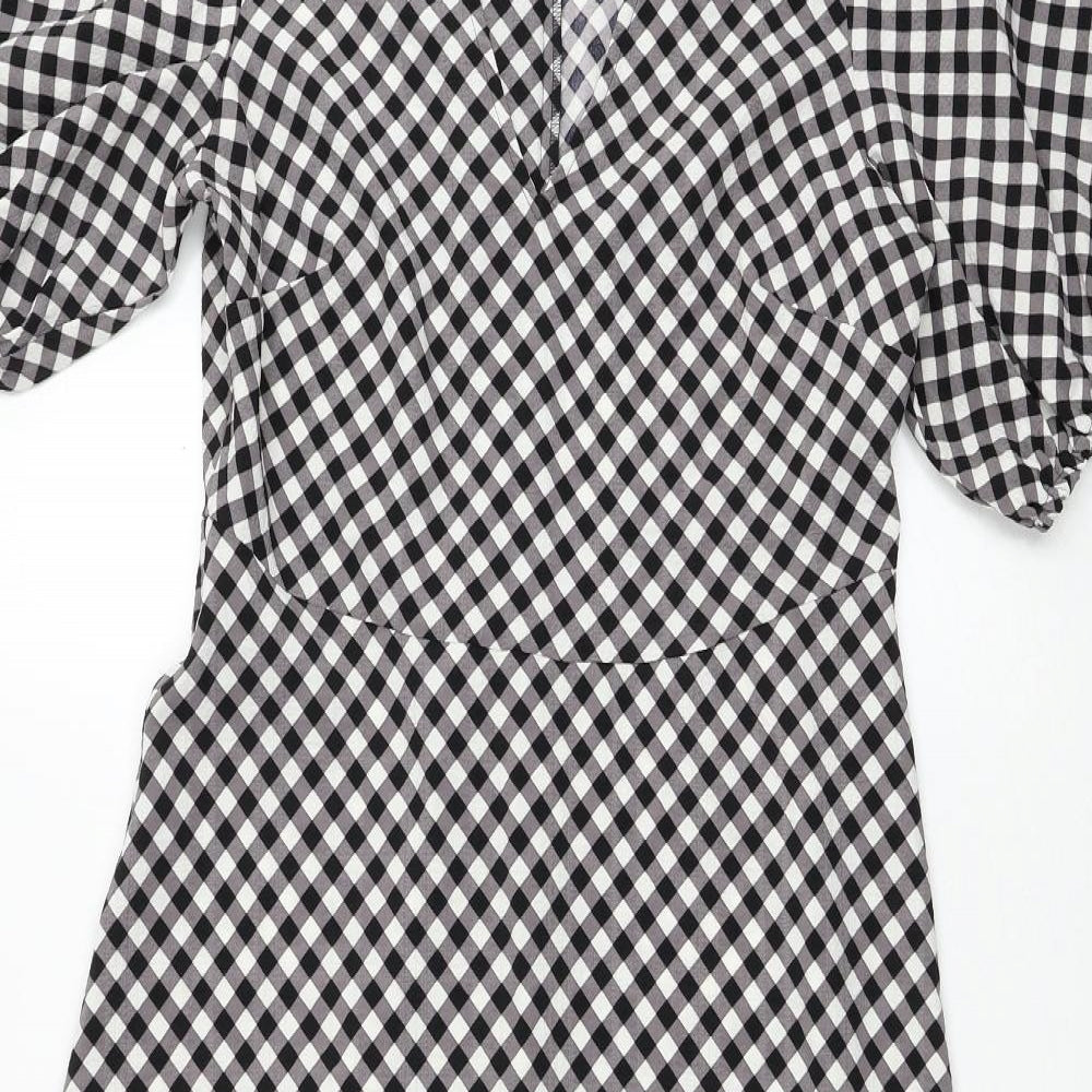 Marks and Spencer Womens Black Check Polyester A-Line Size 10 V-Neck Zip