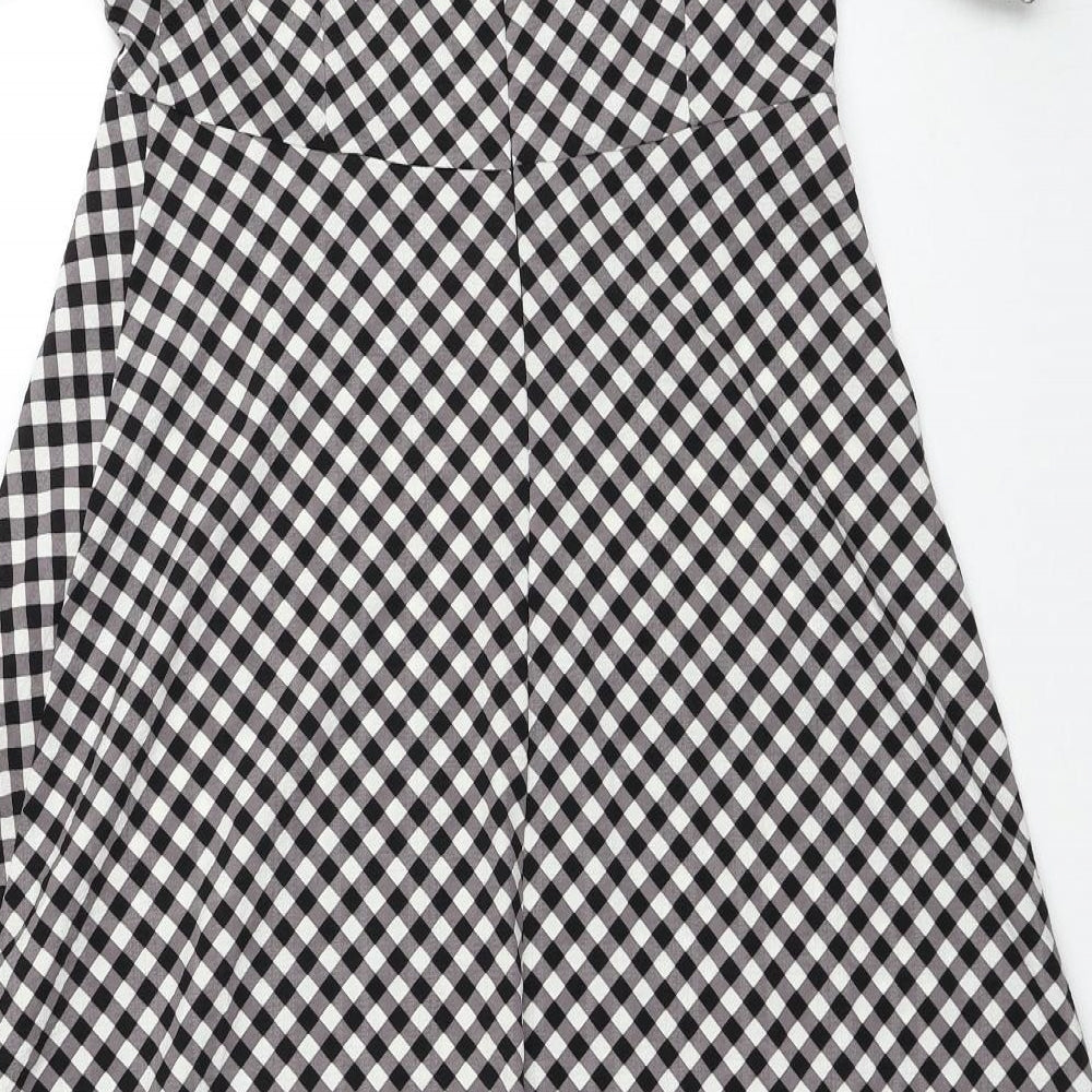 Marks and Spencer Womens Black Check Polyester A-Line Size 10 V-Neck Zip
