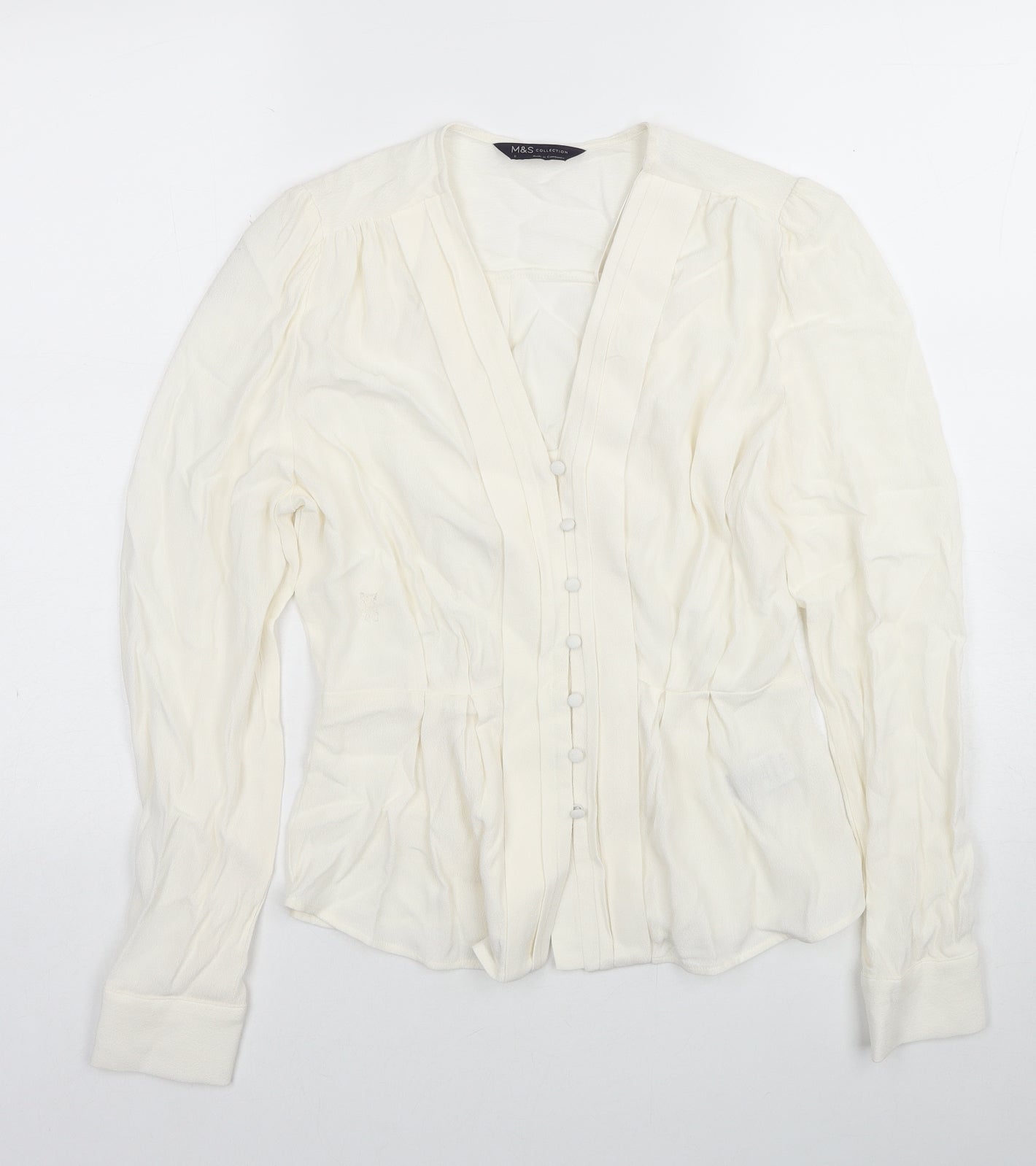 Marks and Spencer Womens White Viscose Basic Button-Up Size 8 V-Neck