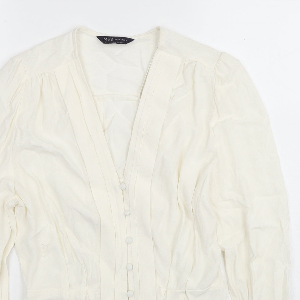 Marks and Spencer Womens White Viscose Basic Button-Up Size 8 V-Neck