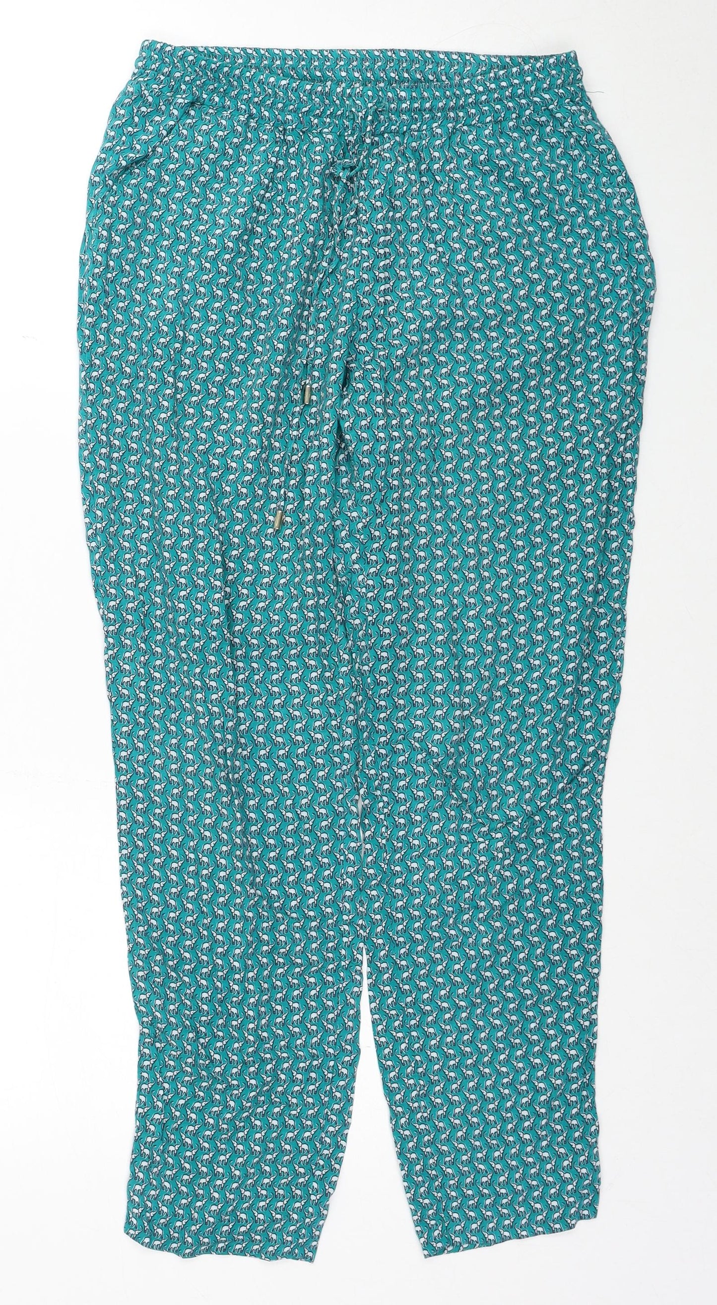 Zendra Womens Green Geometric Viscose Trousers Size 10 Regular Drawstring