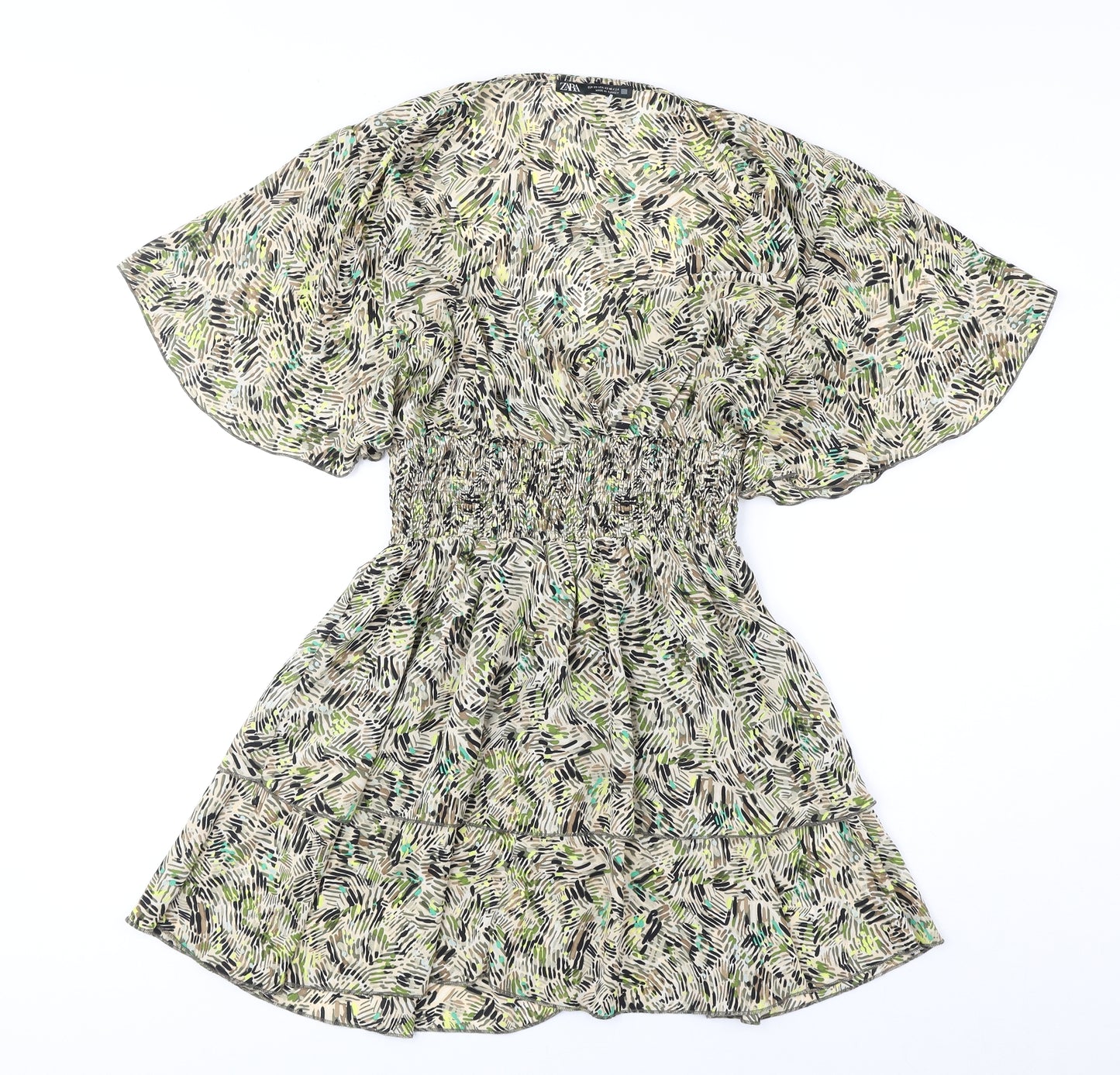 Zara Womens Green Geometric Polyester Fit & Flare Size XS V-Neck Pullover
