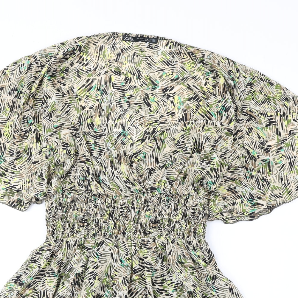 Zara Womens Green Geometric Polyester Fit & Flare Size XS V-Neck Pullover