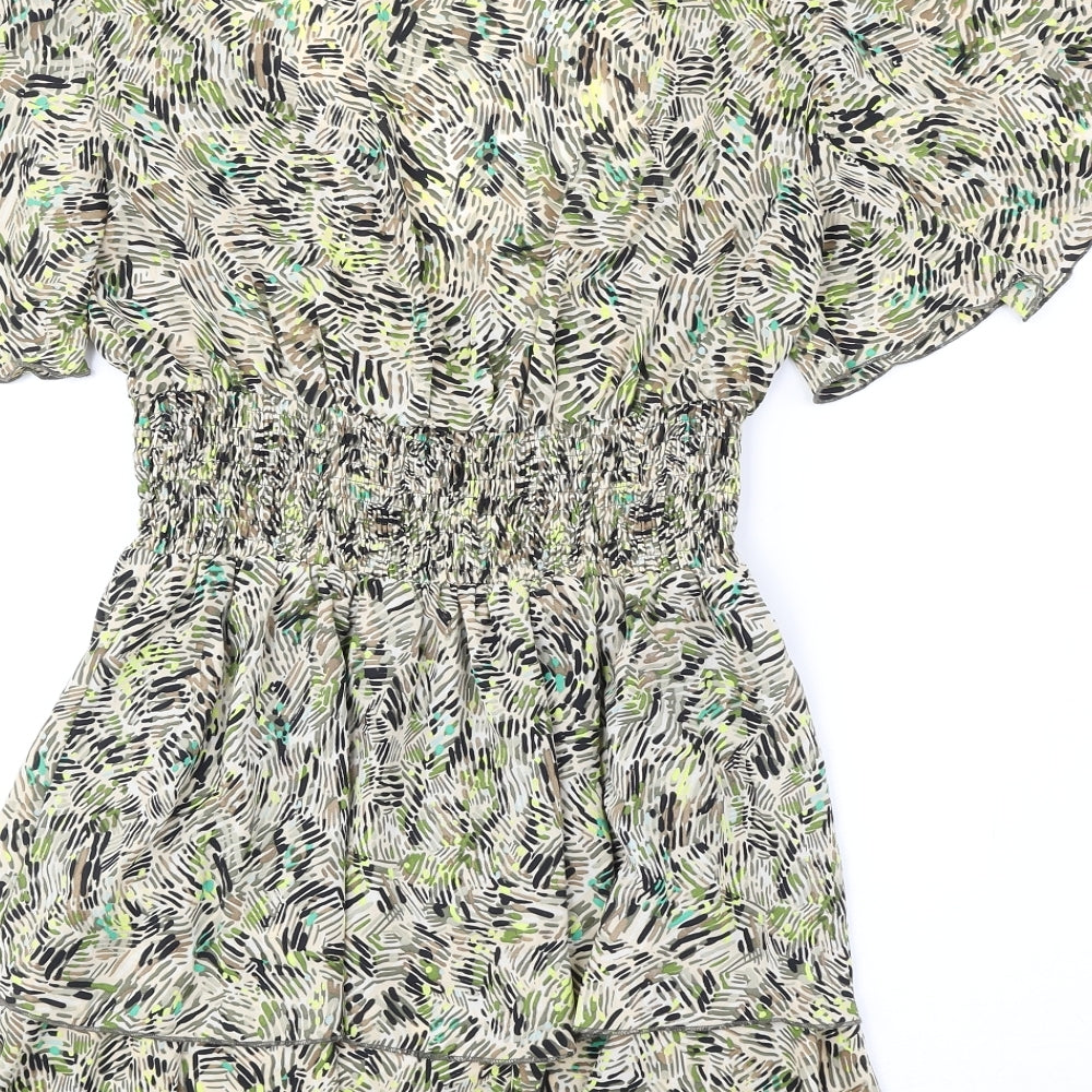 Zara Womens Green Geometric Polyester Fit & Flare Size XS V-Neck Pullover