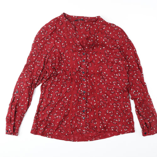 M&Co Womens Red Geometric Polyester Basic Button-Up Size 14 V-Neck
