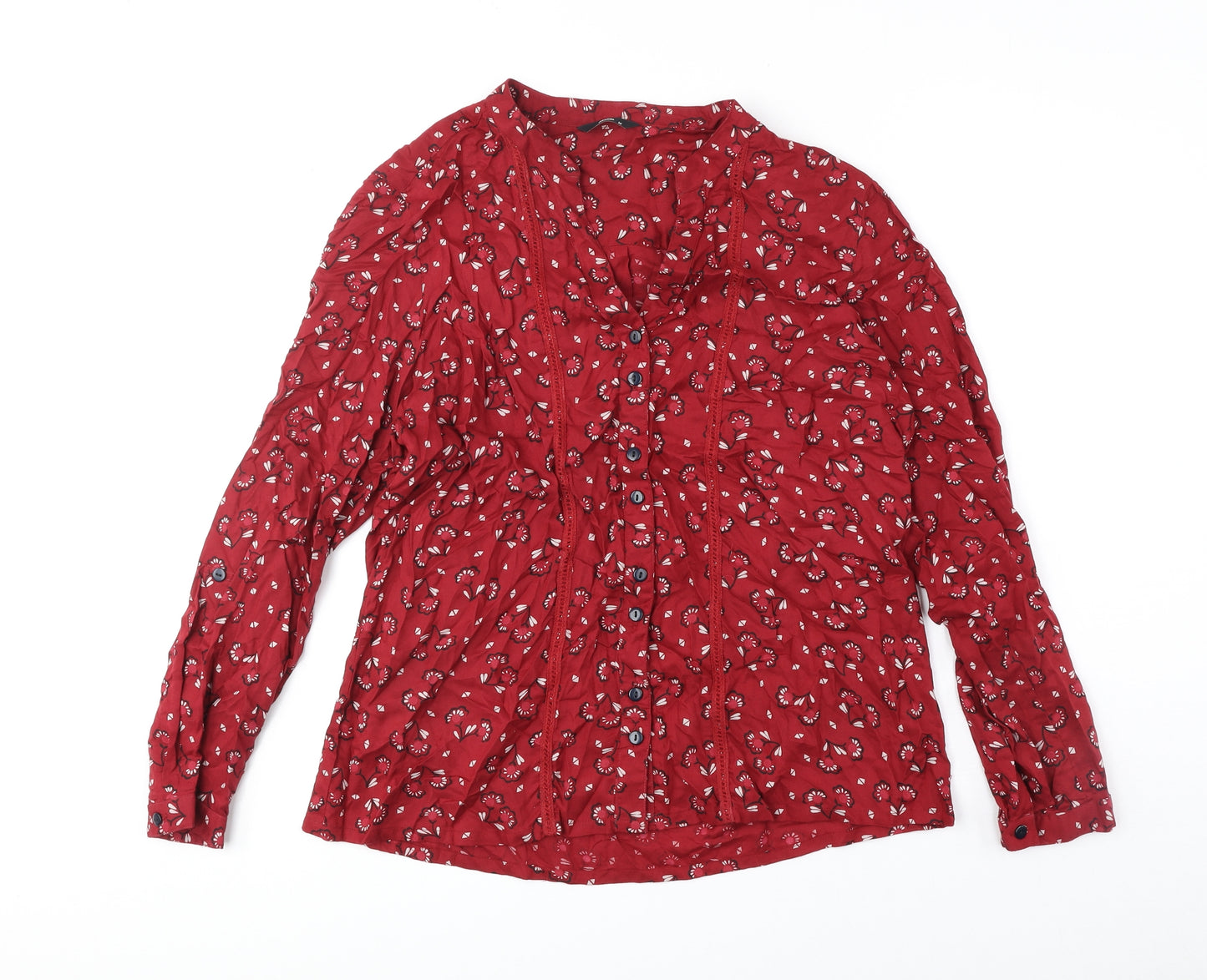 M&Co Womens Red Geometric Polyester Basic Button-Up Size 14 V-Neck