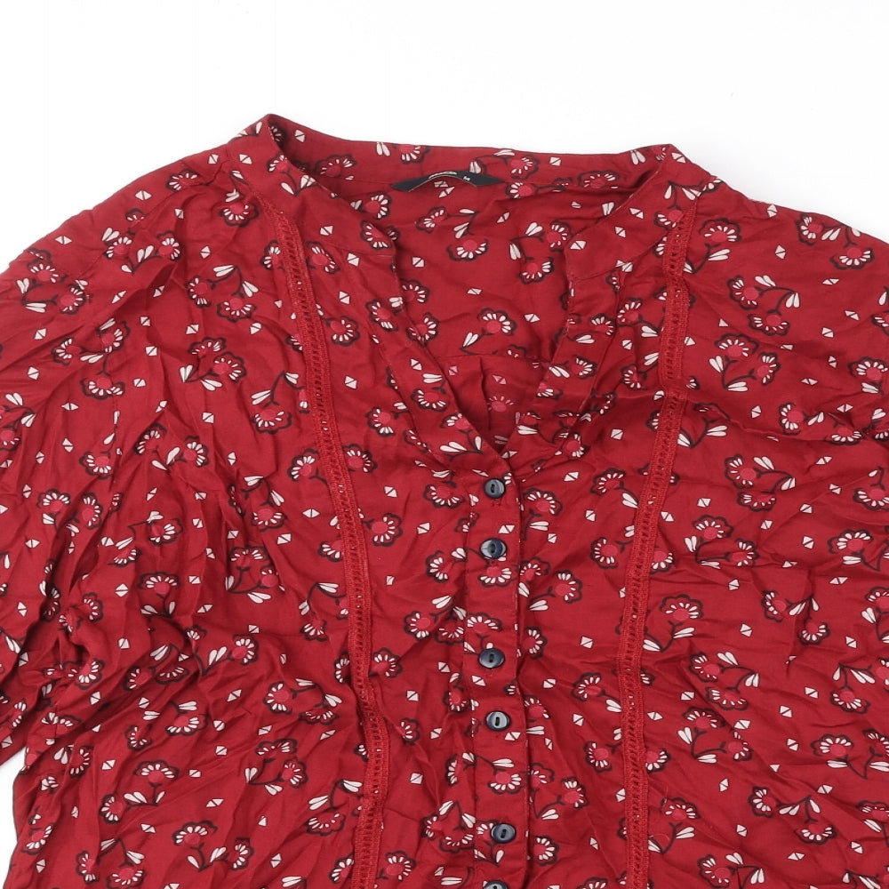 M&Co Womens Red Geometric Polyester Basic Button-Up Size 14 V-Neck