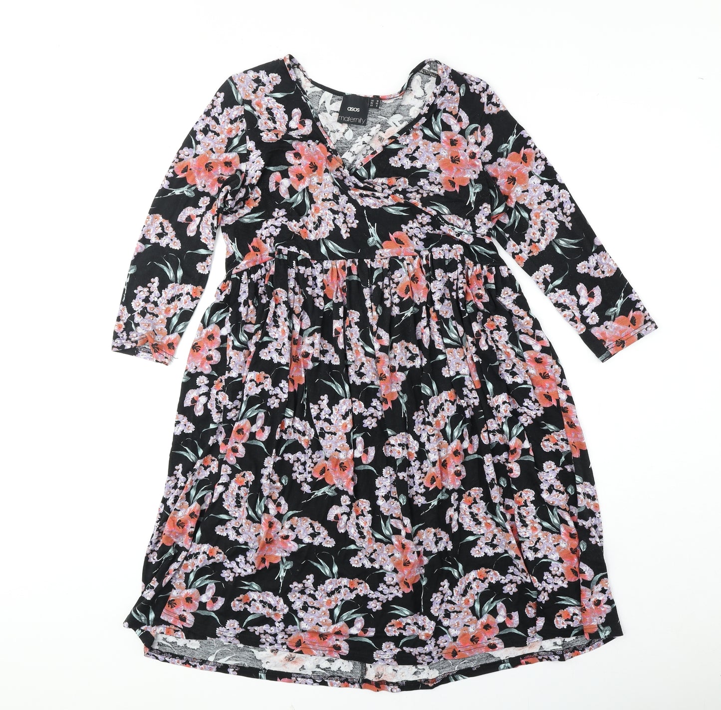 ASOS Womens Black Floral Polyester Trapeze & Swing Size 10 V-Neck Pullover