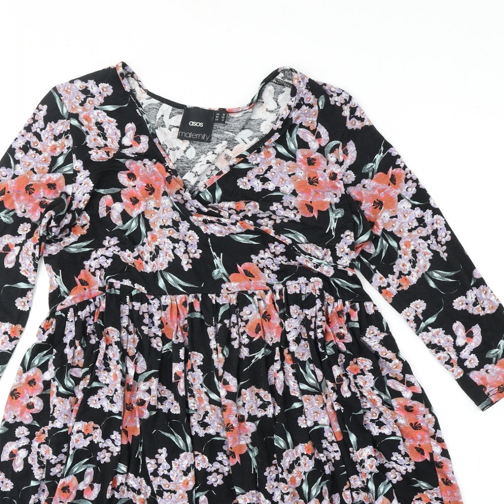 ASOS Womens Black Floral Polyester Trapeze & Swing Size 10 V-Neck Pullover