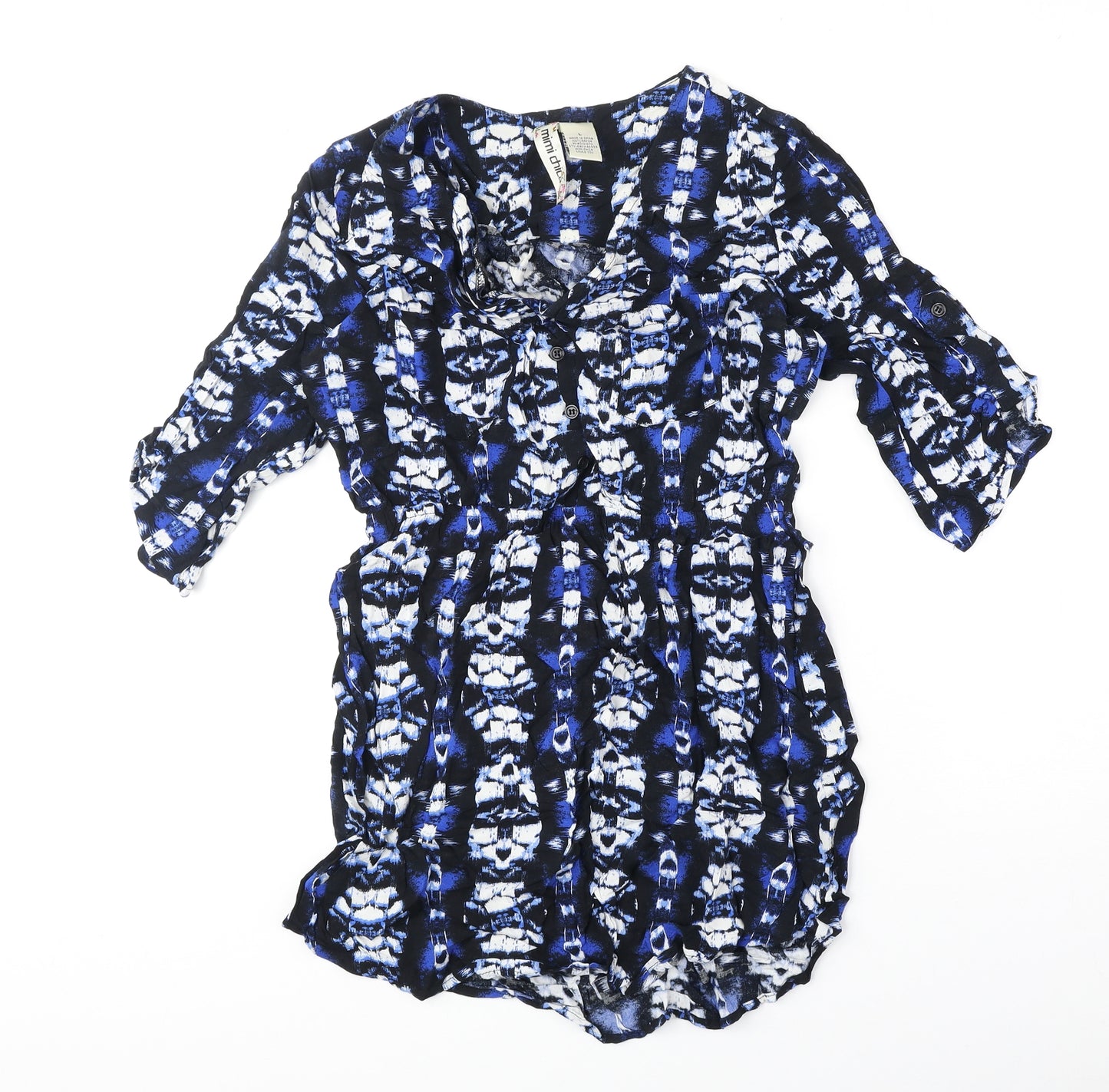 Mimi Chica Womens Blue Geometric Polyester Basic Blouse Size L V-Neck