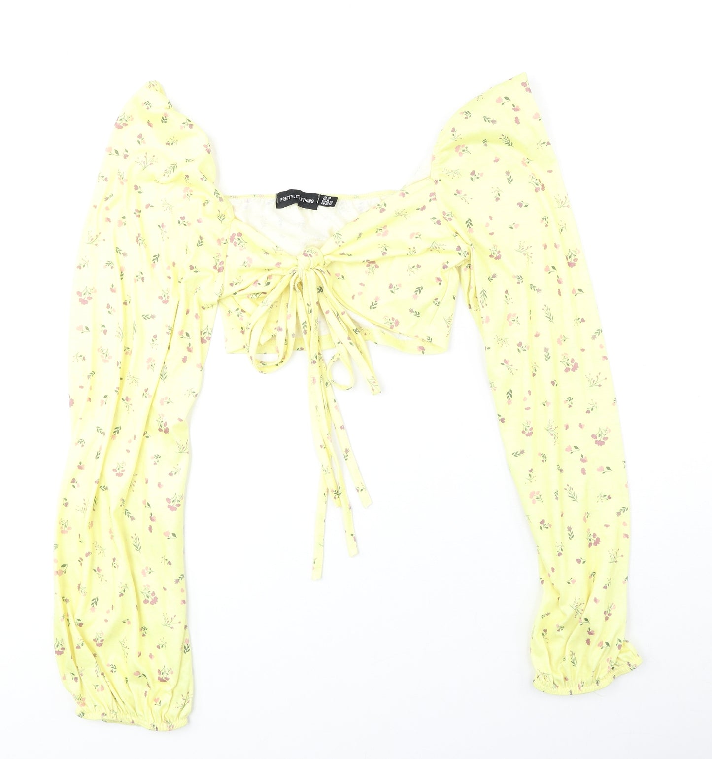 PRETTYLITTLETHING Womens Yellow Geometric Polyester Cropped Blouse Size 10 V-Neck