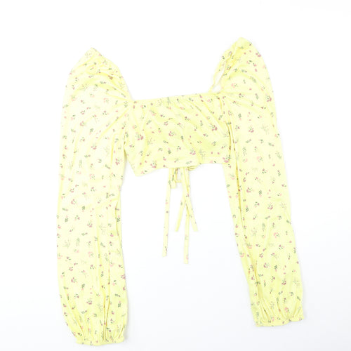 PRETTYLITTLETHING Womens Yellow Geometric Polyester Cropped Blouse Size 10 V-Neck