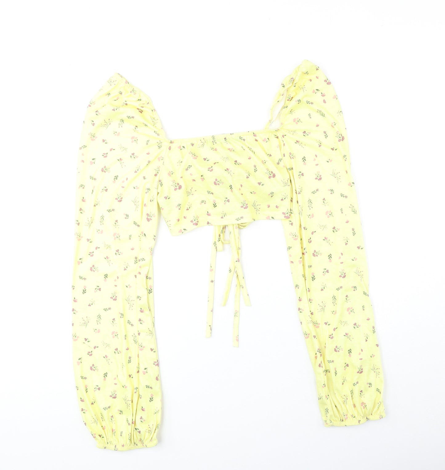 PRETTYLITTLETHING Womens Yellow Geometric Polyester Cropped Blouse Size 10 V-Neck