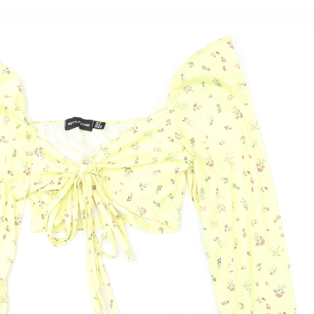 PRETTYLITTLETHING Womens Yellow Geometric Polyester Cropped Blouse Size 10 V-Neck