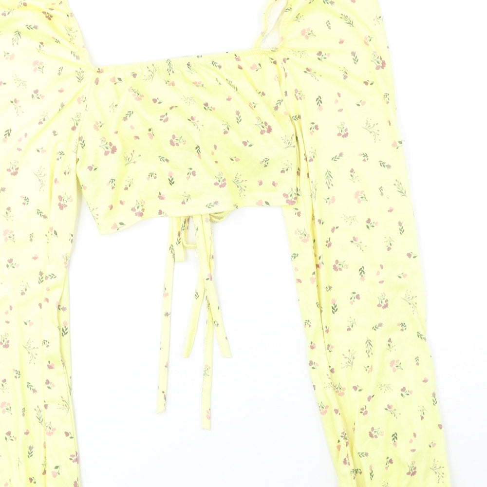 PRETTYLITTLETHING Womens Yellow Geometric Polyester Cropped Blouse Size 10 V-Neck