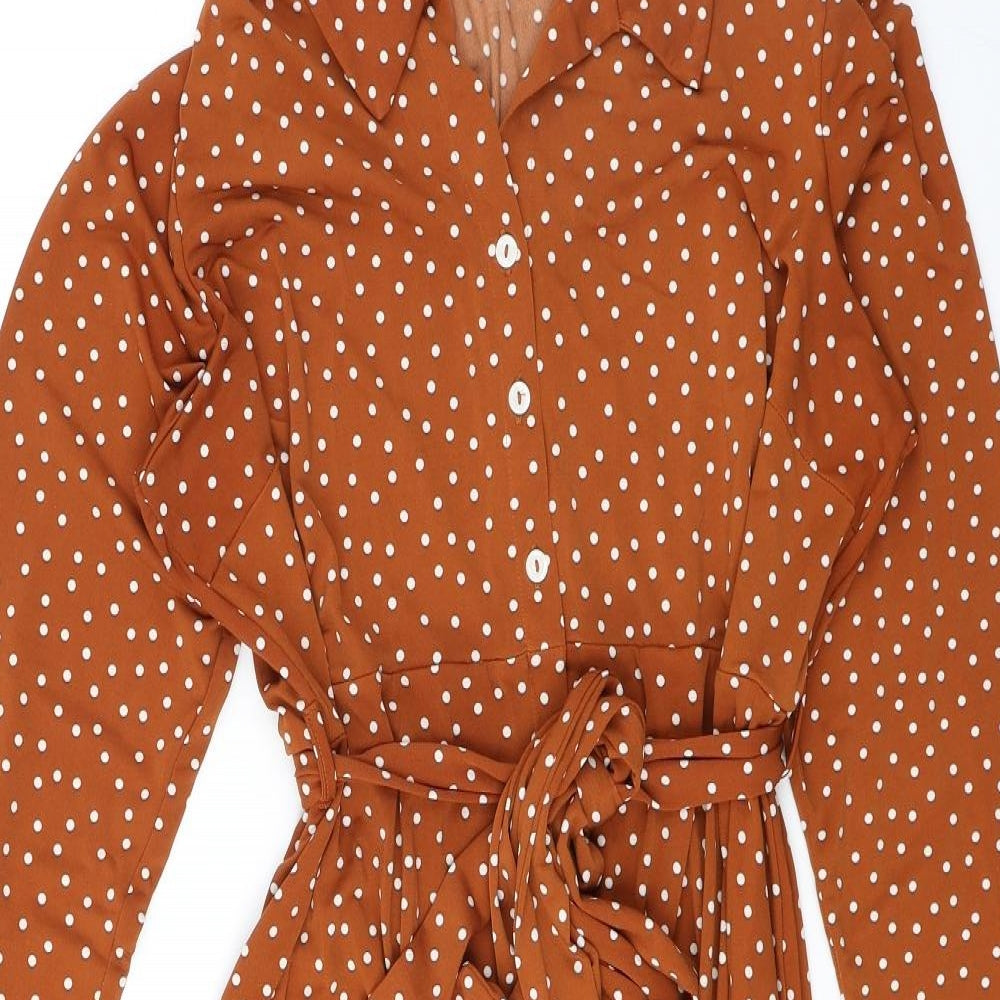 Dorothy Perkins Womens Brown Polka Dot Polyester Shirt Dress Size 10 Collared Button