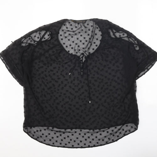 Zara Womens Black Polka Dot Polyester Basic Blouse Size L Scoop Neck - Split Sleeve Detail
