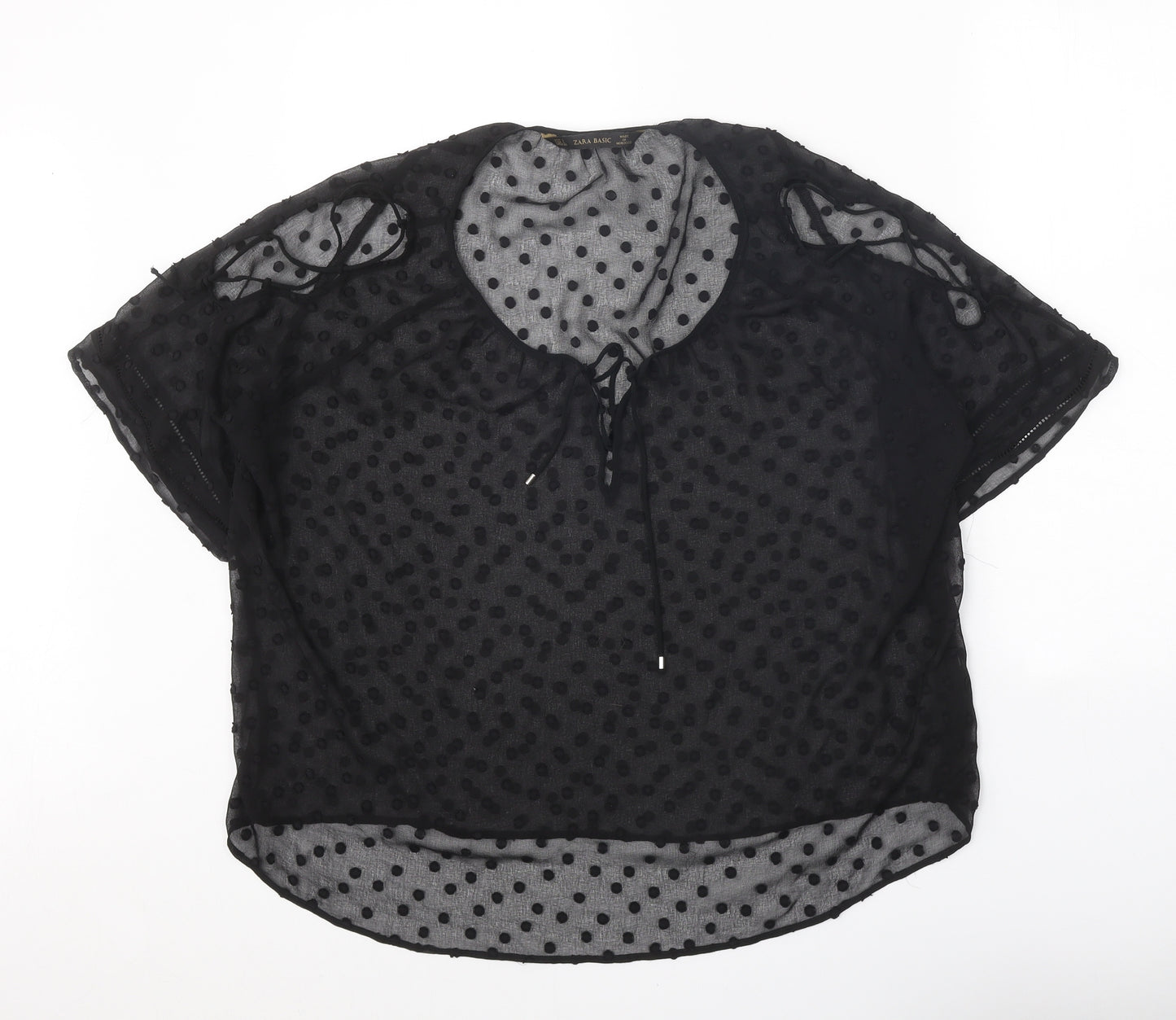 Zara Womens Black Polka Dot Polyester Basic Blouse Size L Scoop Neck - Split Sleeve Detail