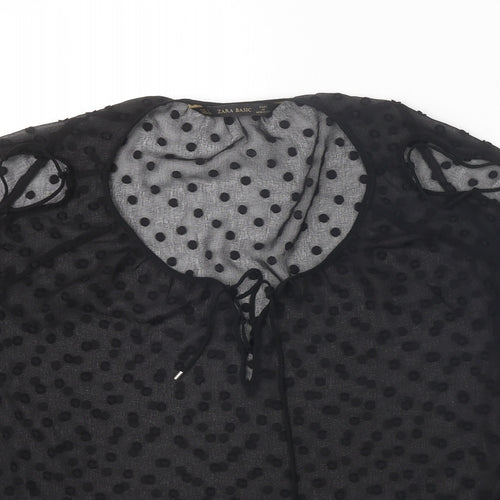 Zara Womens Black Polka Dot Polyester Basic Blouse Size L Scoop Neck - Split Sleeve Detail