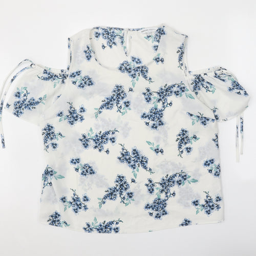 Capsule Womens White Floral Polyester Basic Blouse Size 20 Scoop Neck - Cold Shoulder Sleeve Tie Detail