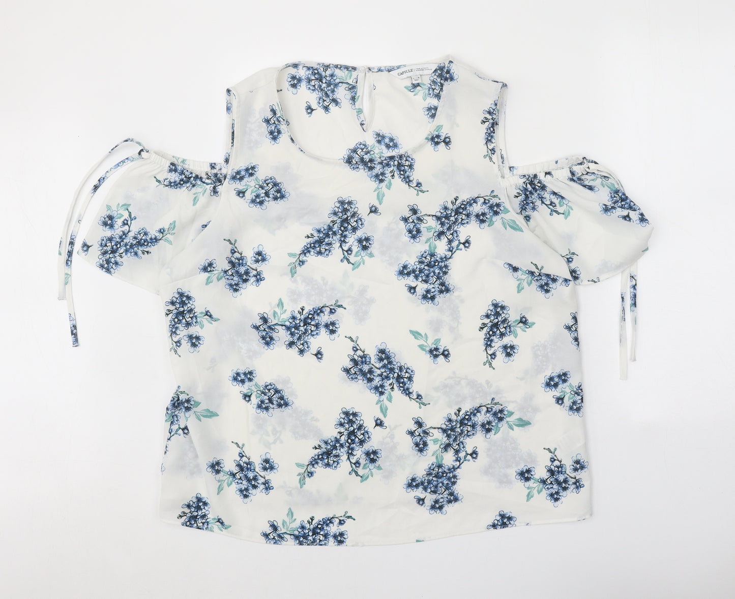 Capsule Womens White Floral Polyester Basic Blouse Size 20 Scoop Neck - Cold Shoulder Sleeve Tie Detail