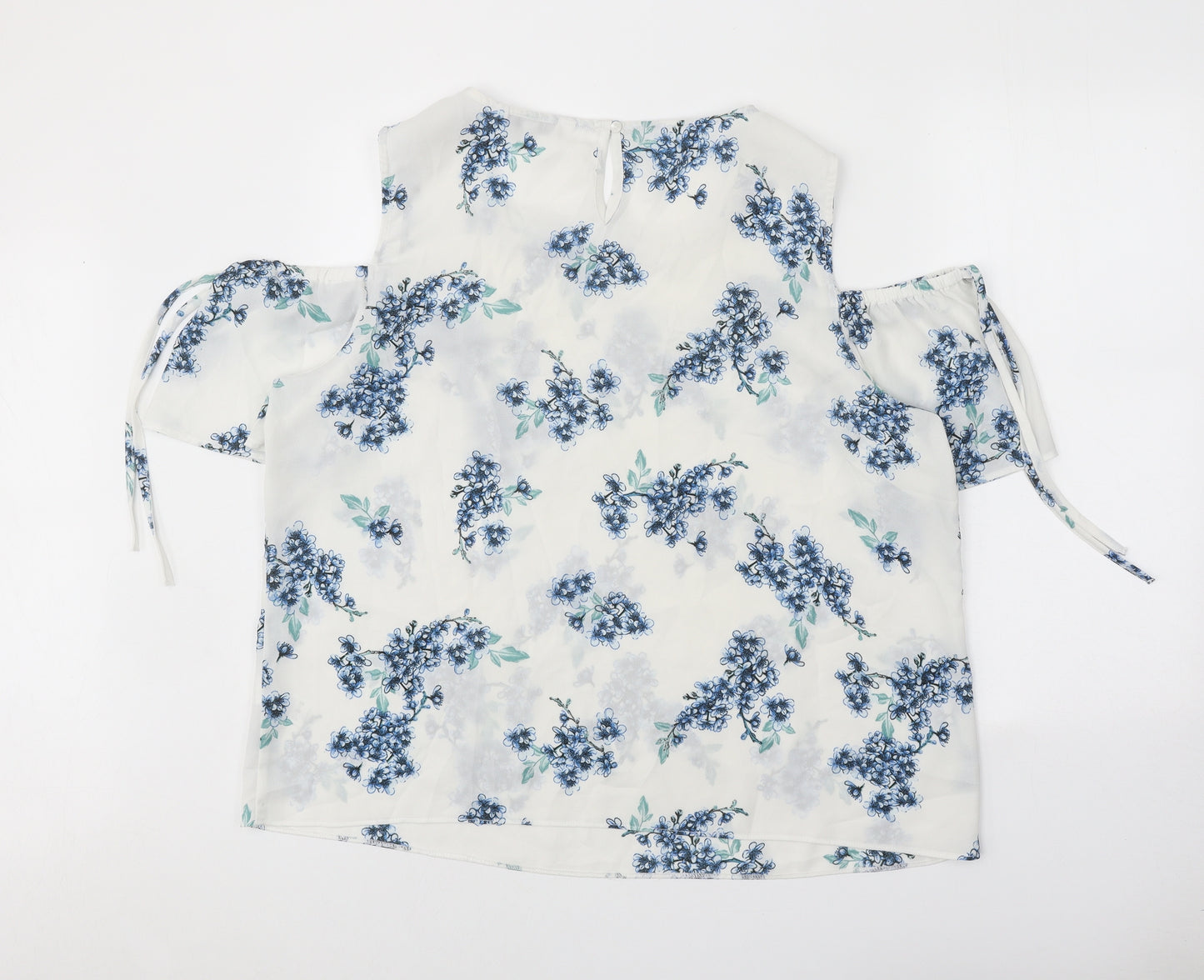 Capsule Womens White Floral Polyester Basic Blouse Size 20 Scoop Neck - Cold Shoulder Sleeve Tie Detail