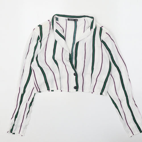 Bershka Womens White Striped Viscose Cropped Button-Up Size L Collared