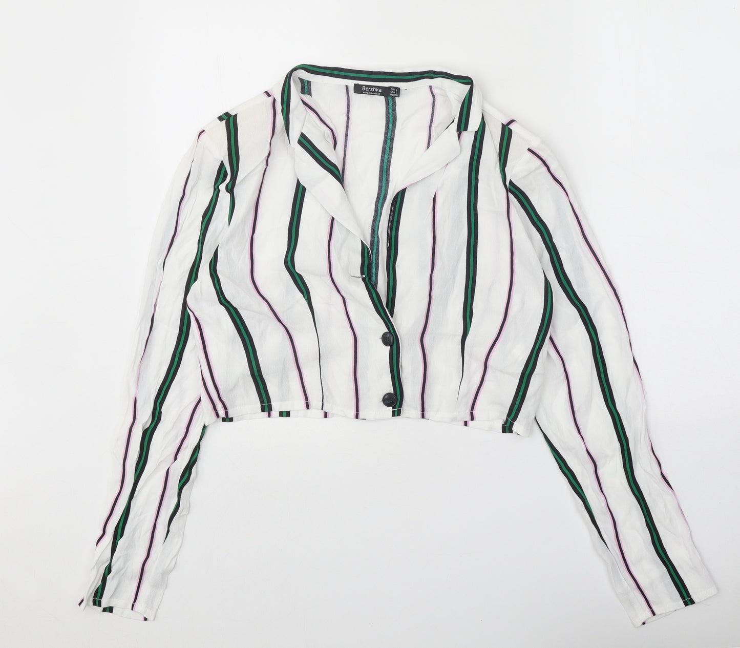 Bershka Womens White Striped Viscose Cropped Button-Up Size L Collared