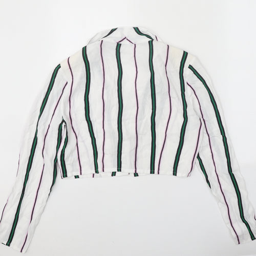 Bershka Womens White Striped Viscose Cropped Button-Up Size L Collared