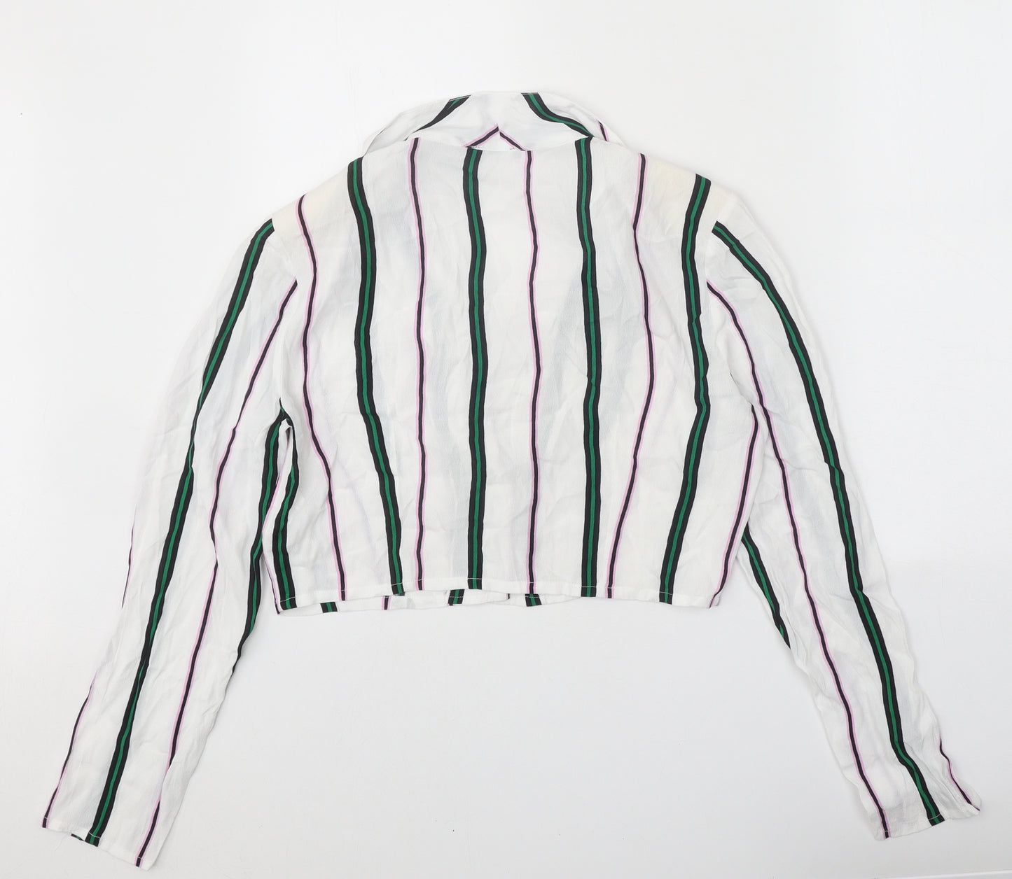 Bershka Womens White Striped Viscose Cropped Button-Up Size L Collared