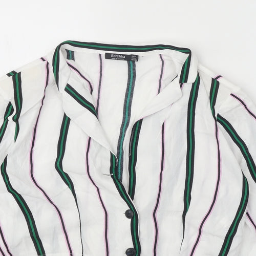 Bershka Womens White Striped Viscose Cropped Button-Up Size L Collared