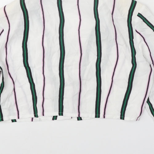Bershka Womens White Striped Viscose Cropped Button-Up Size L Collared