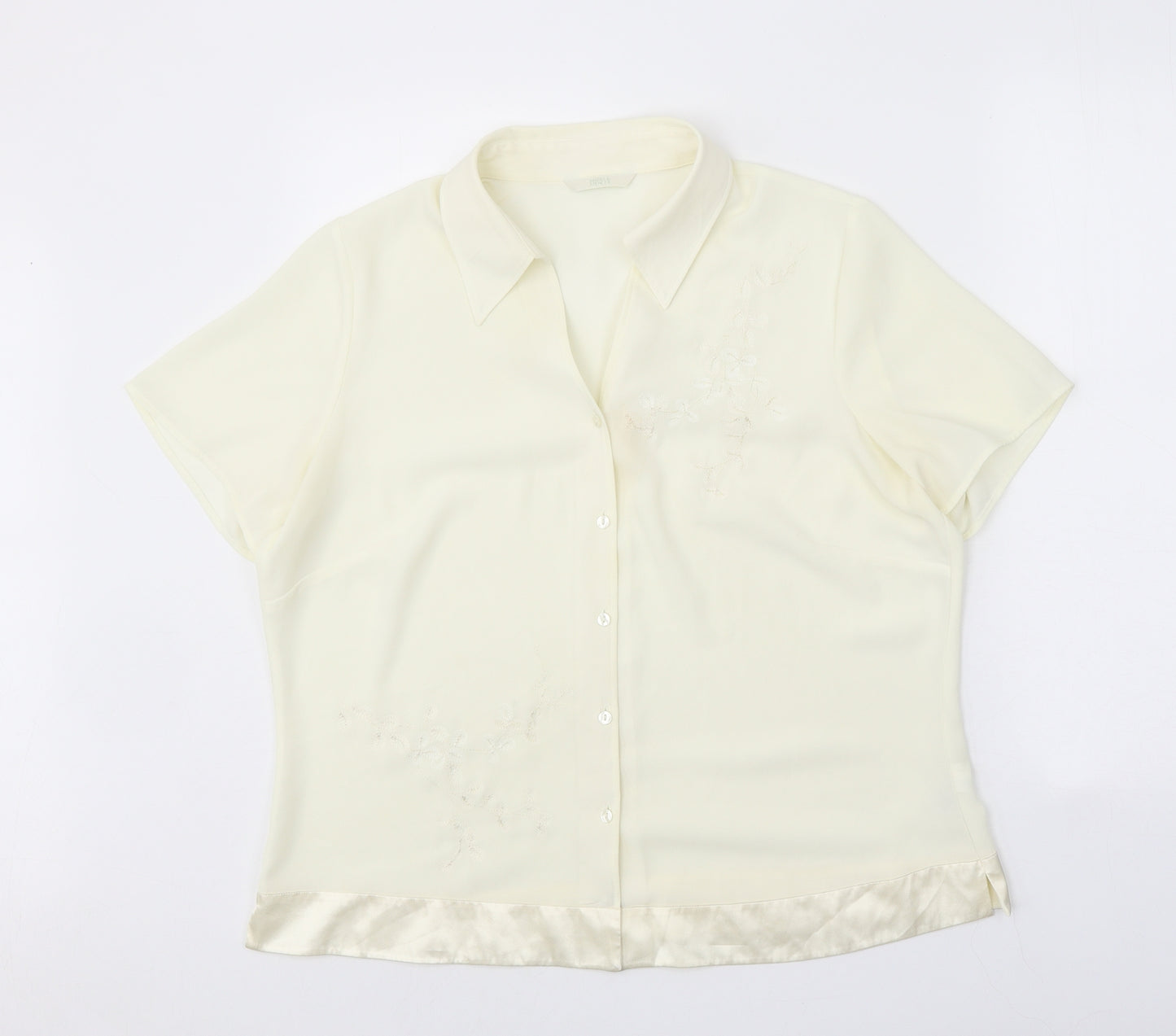 Marks and Spencer Womens Ivory Floral Polyester Basic Button-Up Size 16 Collared - Satin Trim