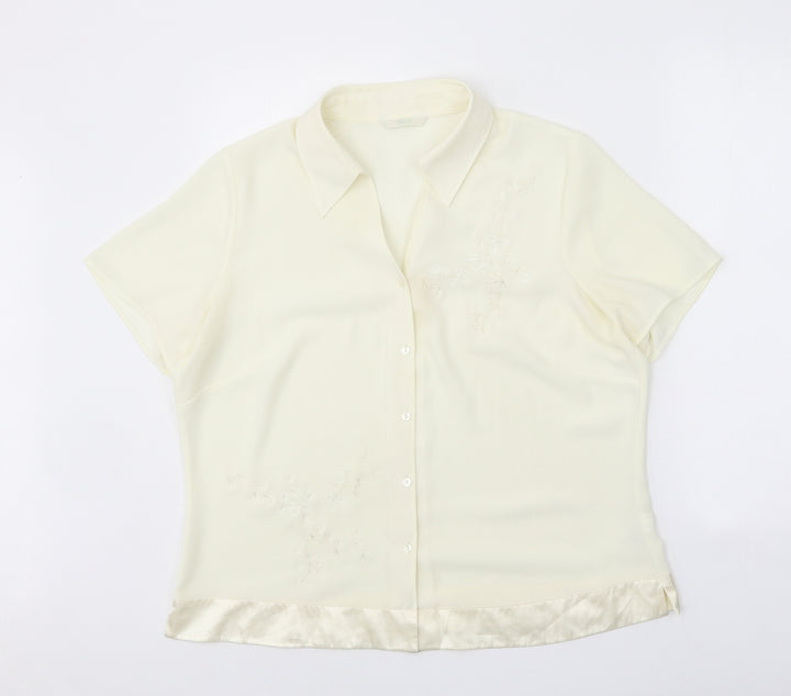 Marks and Spencer Womens Ivory Floral Polyester Basic Button-Up Size 16 Collared - Satin Trim