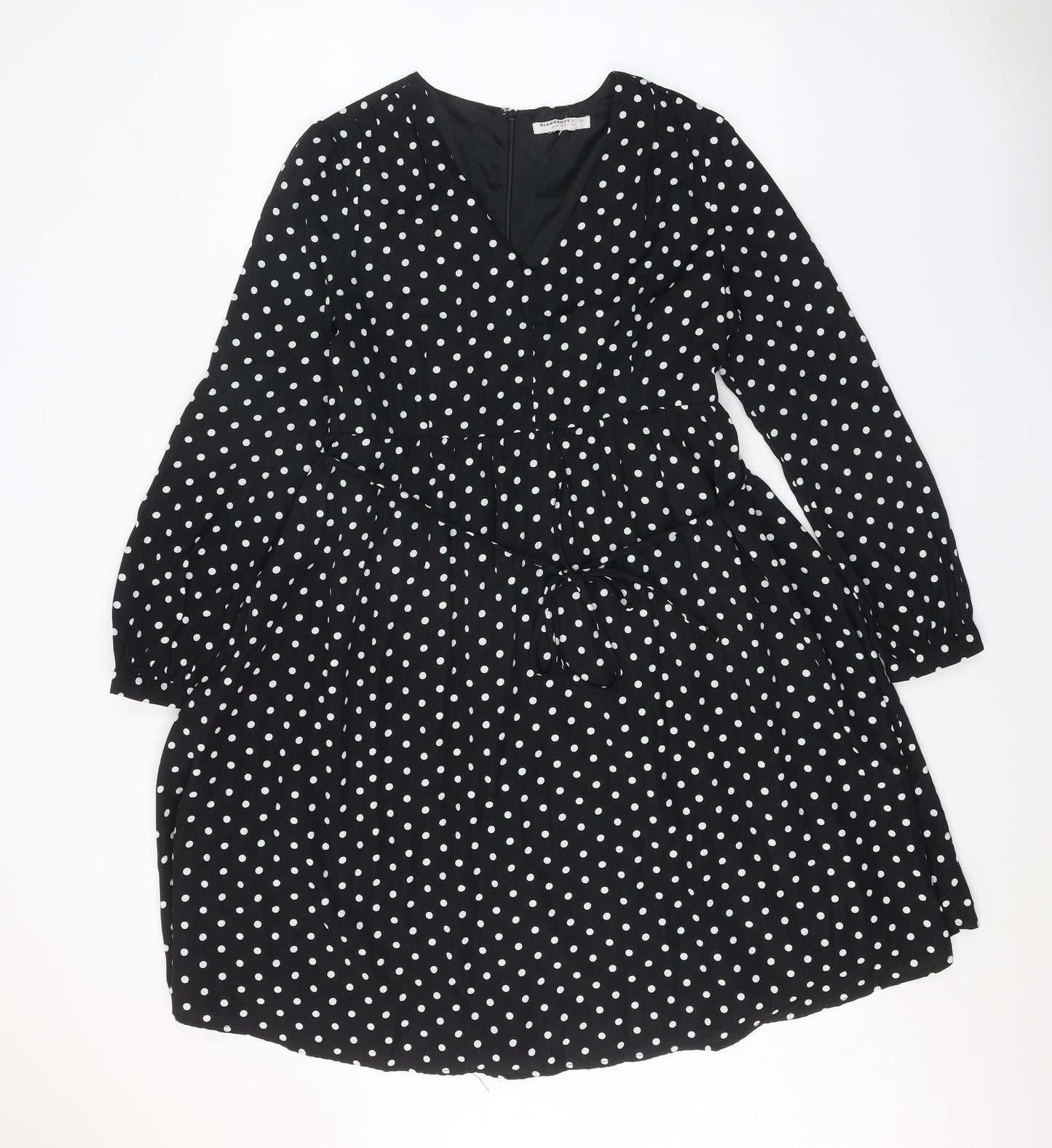 Glamourous Womens Black Polka Dot Polyester Fit & Flare Size 10 V-Neck Zip