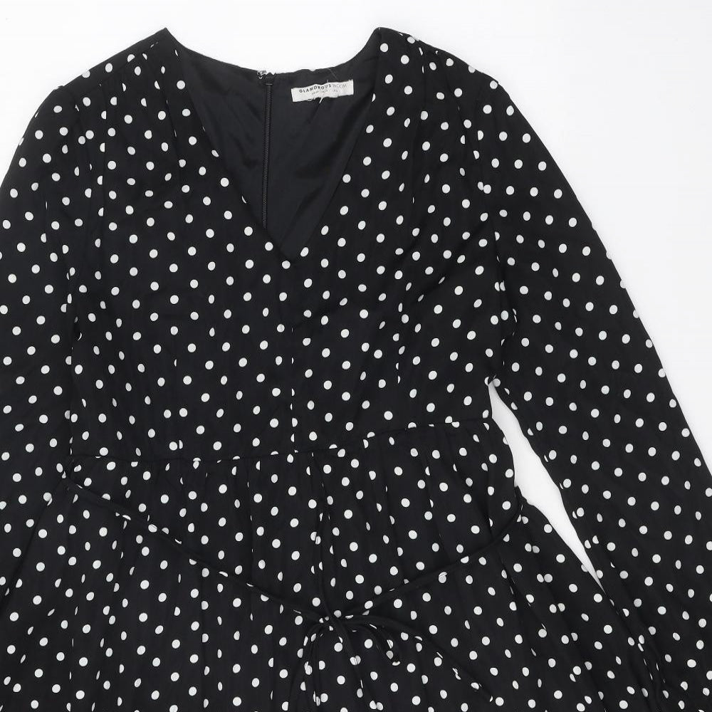 Glamourous Womens Black Polka Dot Polyester Fit & Flare Size 10 V-Neck Zip
