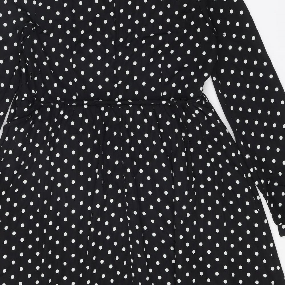 Glamourous Womens Black Polka Dot Polyester Fit & Flare Size 10 V-Neck Zip