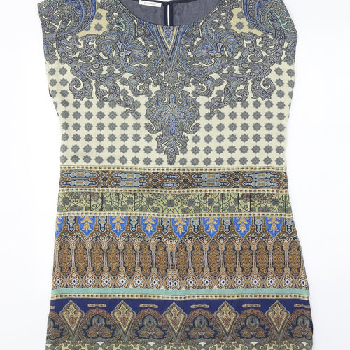 Promod Womens Blue Geometric Polyester Sheath One Size Scoop Neck Button