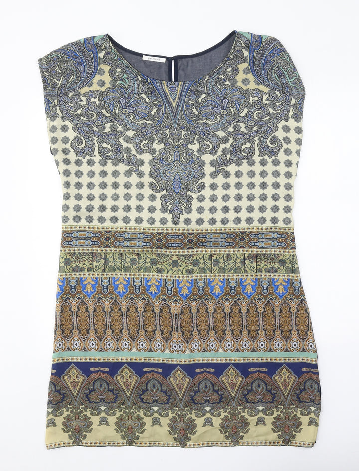 Promod Womens Blue Geometric Polyester Sheath One Size Scoop Neck Button
