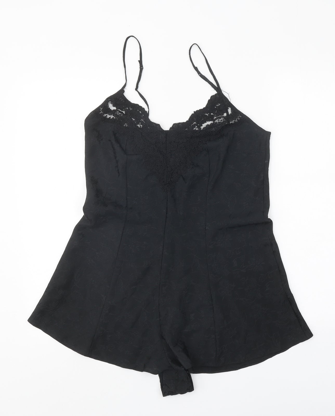 Preworn Womens Black Polyester Playsuit One-Piece Size 14 Snap - Lace Trim