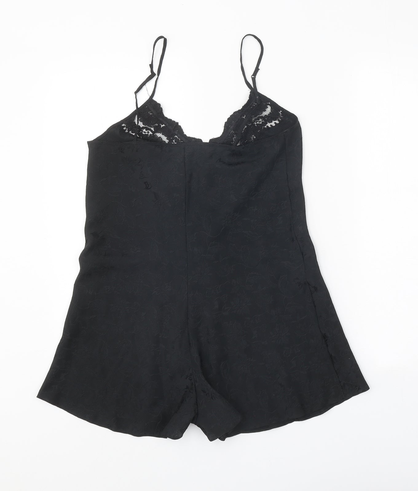 Preworn Womens Black Polyester Playsuit One-Piece Size 14 Snap - Lace Trim