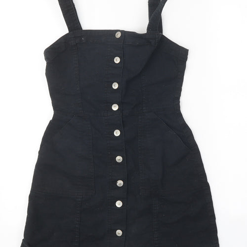 Divided Womens Black 100% Cotton Pinafore/Dungaree Dress Size 6 Square Neck Button