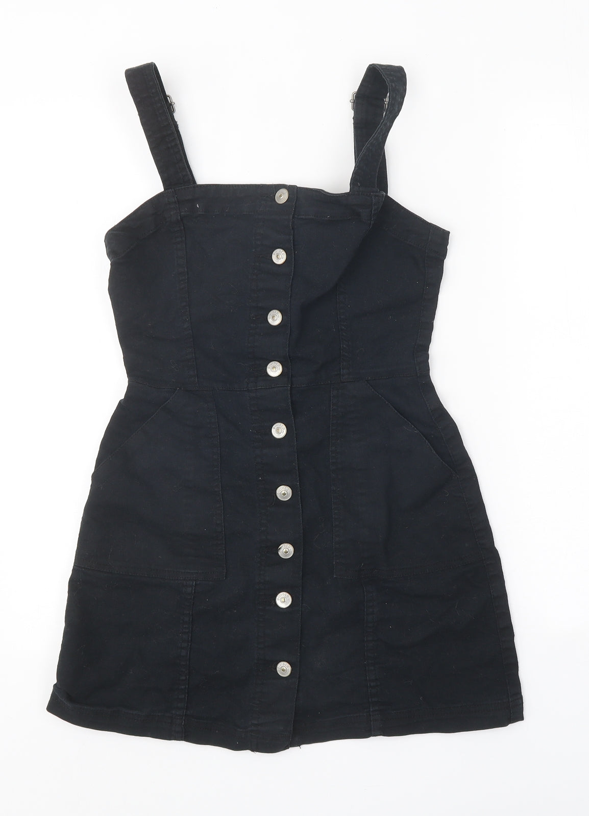 Divided Womens Black 100% Cotton Pinafore/Dungaree Dress Size 6 Square Neck Button